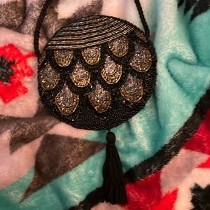 Vintage 90s Black Gold Silver Beaded Tassel Round Mini Purse
